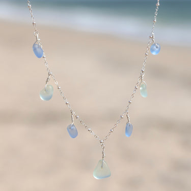 7 Charm Aqua Blue and Cornflower Blue Sea Glass Necklace